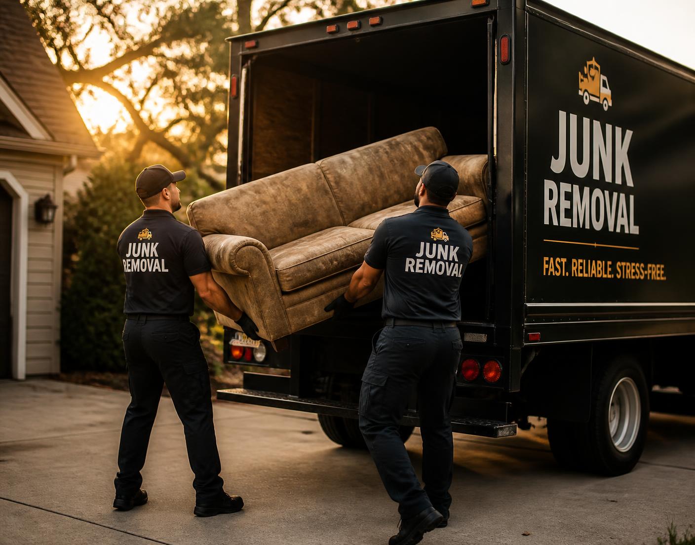 Vanish Junk Haul crew loading an old couch into a black junk removal truck